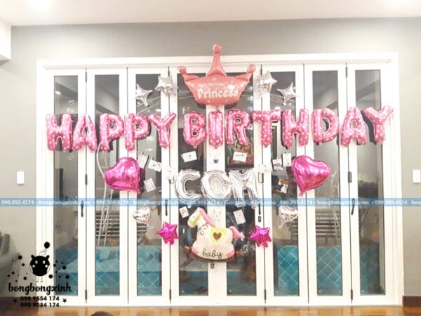 Bộ sản phẩm bong bóng bạc Happy Birthday màu hồng BBBN127