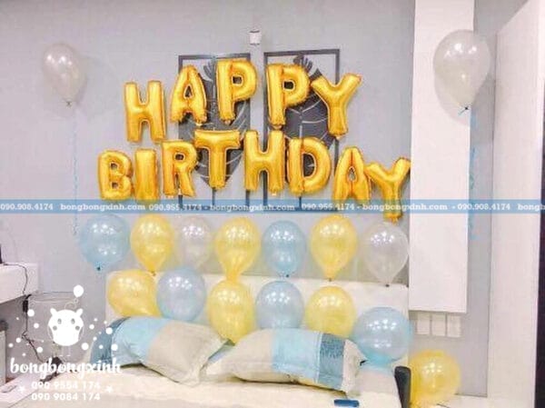 Chữ sinh nhật trang trí happy Birthday vàng đồng trang trí cùng bóng  bay nhiều màu sắc