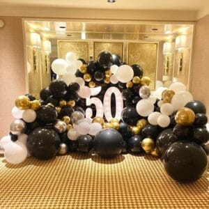 Tiểu cảnh bong bóng trang trí sinh nhật trắng, vàng đồng và đen BBX225