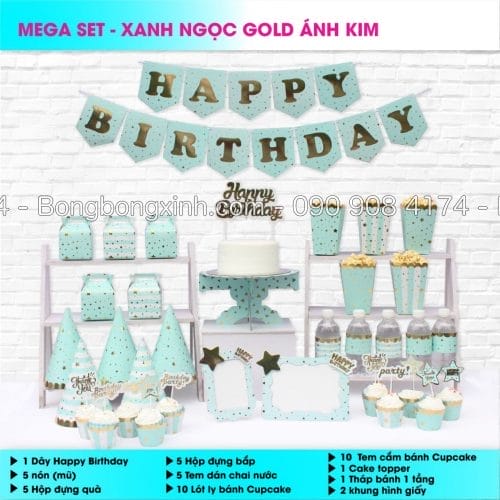 Bộ trang trí sinh nhật Xanh Ngọc Gold Ánh Kim BBX532