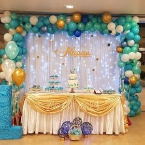 Bàn quà thôi nôi bé trai xanh và trắng BBX088 trang trí sinh nhật trọn gói