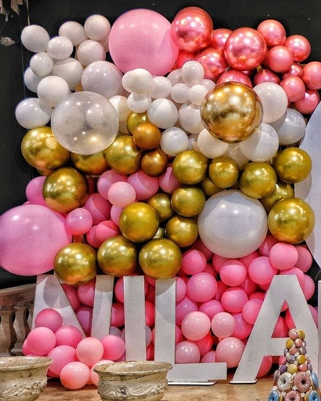Tường bong bóng trang trí party vàng đồng, hồng và trắng BBX365 Tường bong bóng trang trí party vàng đồng, hồng và trắng BBX365