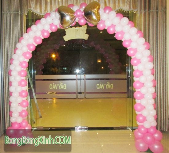 Cổng chào sinh nhật hồng trắng cột nơ 0122
