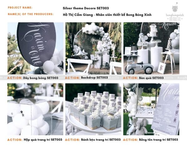 Bộ sản phẩm tông màu bạc SET003 trang trí sinh nhật cho bé theo chủ đề