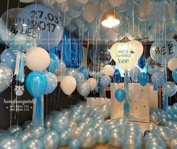 Bong bóng bay trang trí sinh nhật xanh trắng BB088