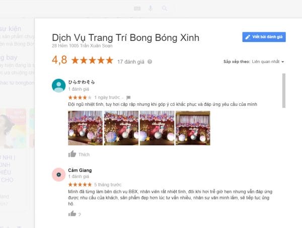 Bình luận của khách hàng về Bong Bóng Xinh trên google