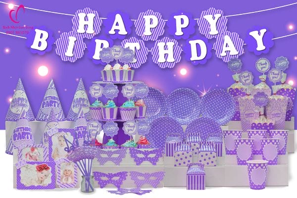 Bộ phụ kiện sinh nhật màu tím trang trí tại nhà