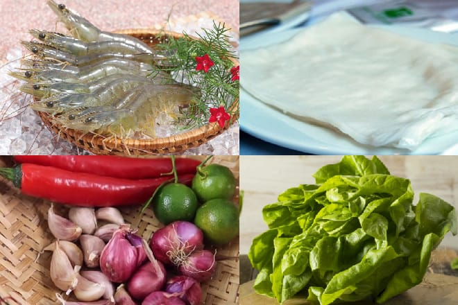 Chuẩn bị tôm và rau sống