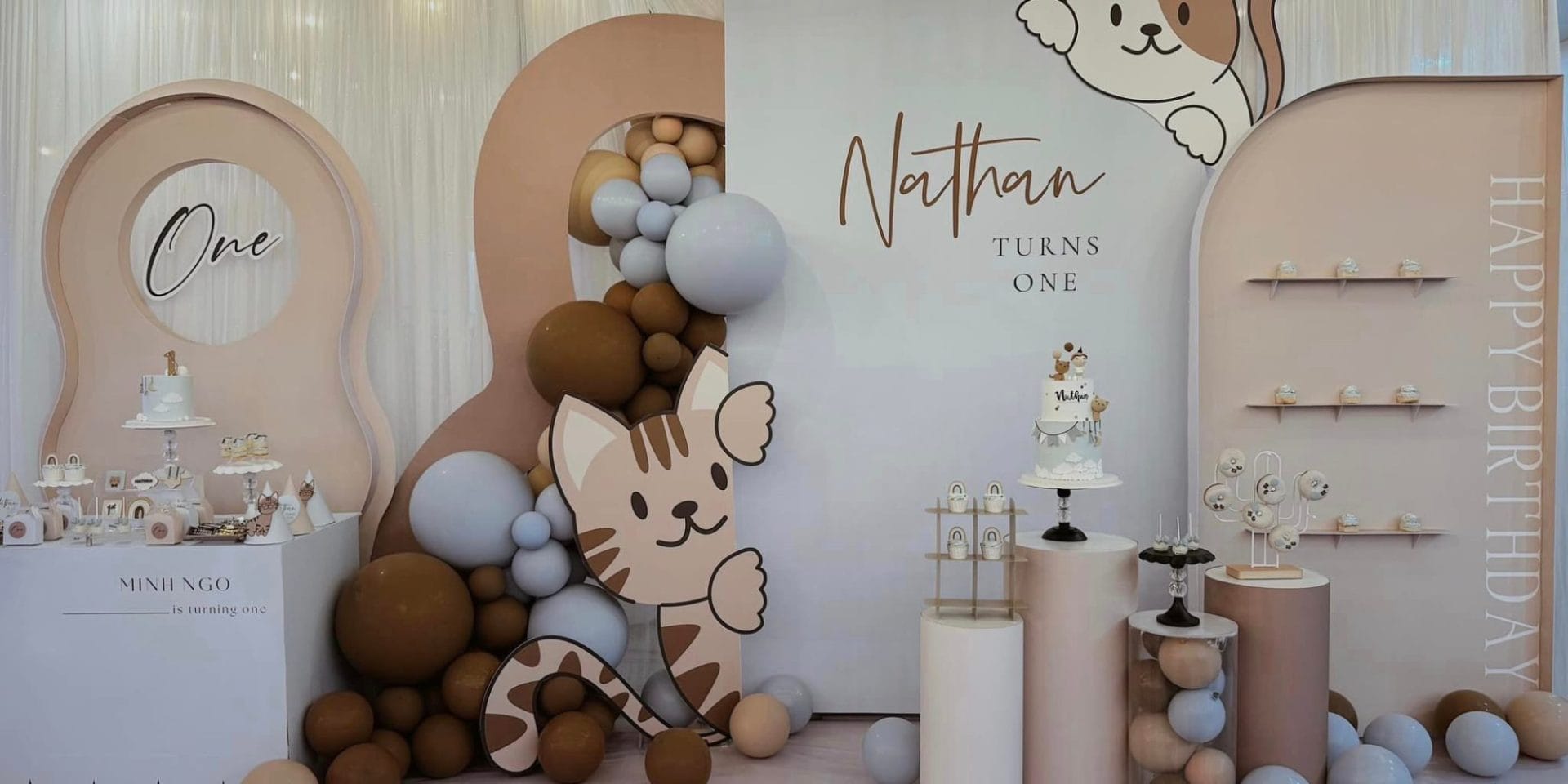 trang tri sinh nhat chu de meo xanh nau